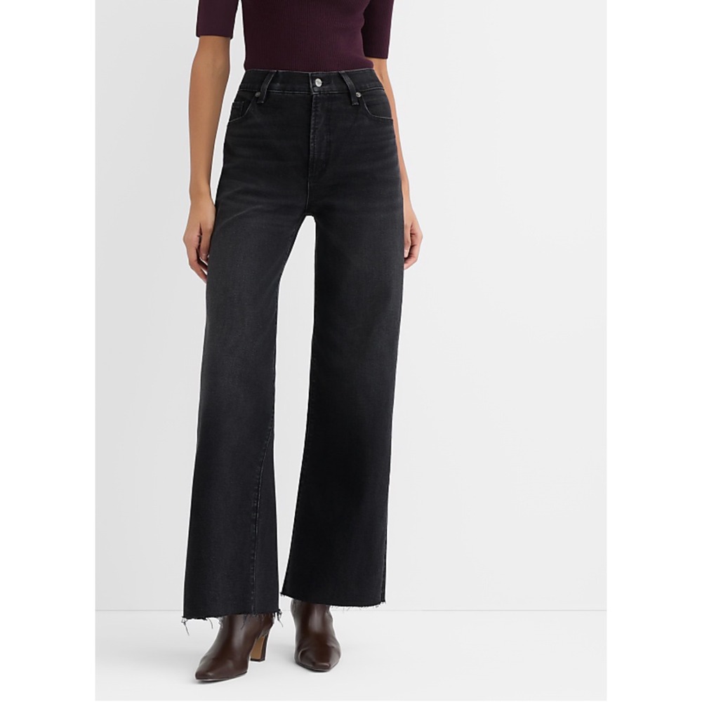 Rivete Wide Leg Jeans Womens 31 Black Denim High Rise Curvy Raw Hem Minimalist